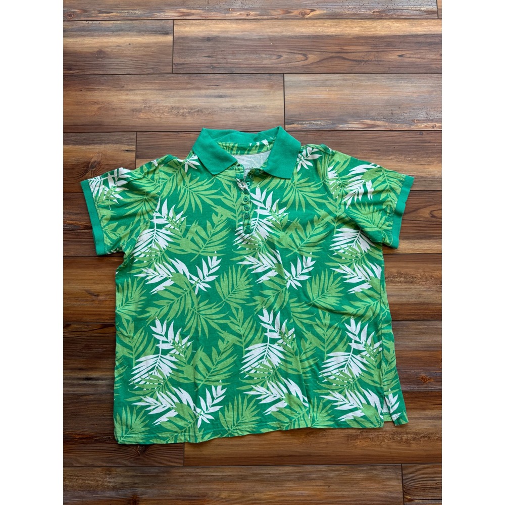 Woman Within Polo Shirt Womens M 14/16 Green Tropical Palm Leaf Short Sleeve EX